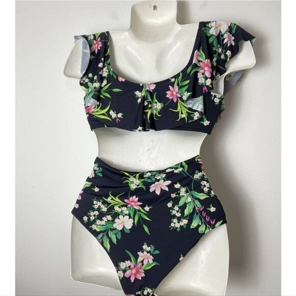 TiNi BiKiNi Black floral flounce high waisted 2 piece Xlarge bikini - Picture 6 of 16